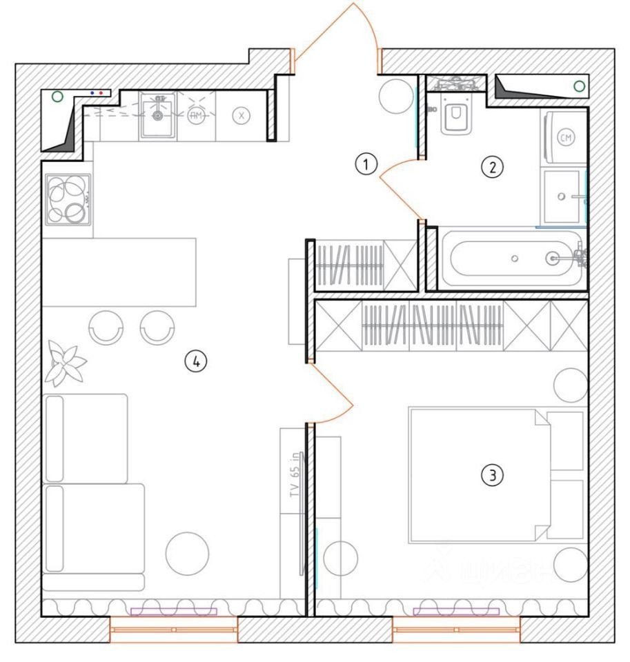 1-комнатная квартира, 42 м² — фото 2