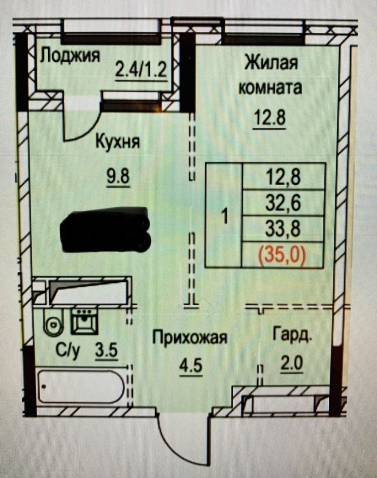 1-комнатная квартира, 35 м² — фото 2