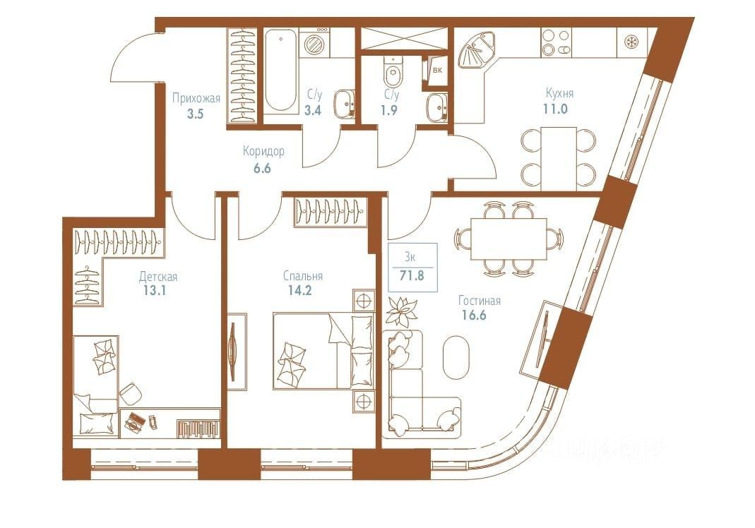 3-комнатная квартира, 72 м² — фото 6