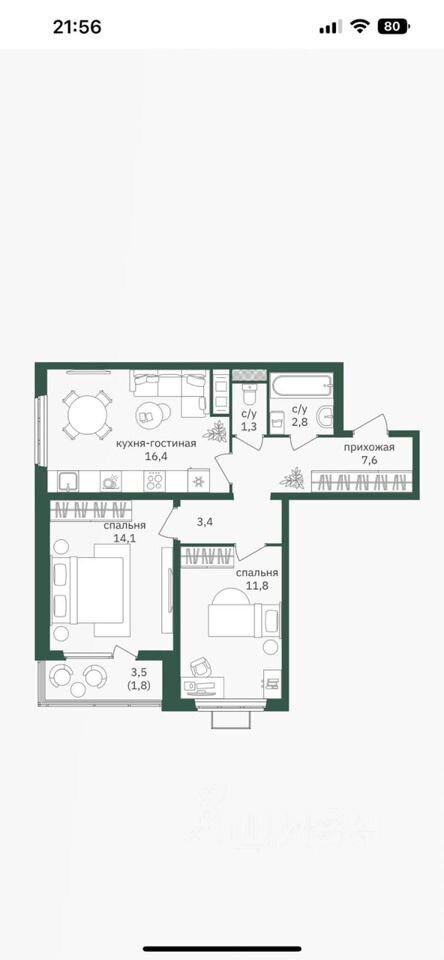 2-комнатная квартира, 61 м² — фото 5
