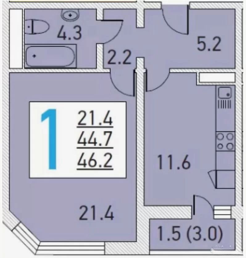 1-комнатная квартира, 48 м² — фото 1