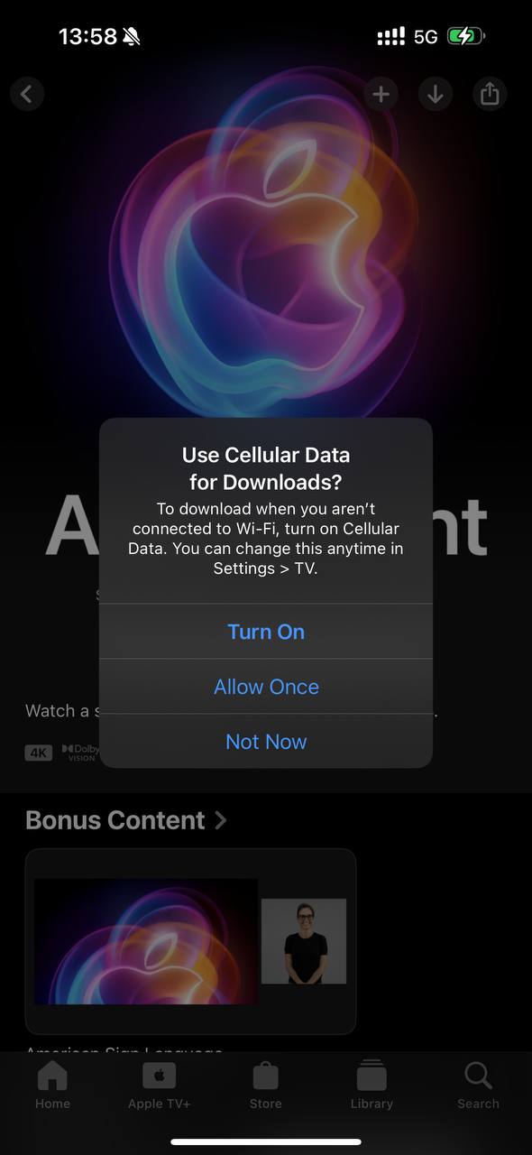 Приложение Apple TV, при попытке скачать видео по мобильной сети, несмотря на то, что сто…