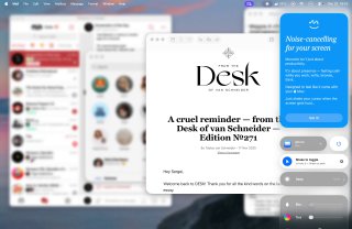 For a long time I used HazeOver - an app that darkens interface elements behind the active window. The stronger it highlights it. In interface design, a similar technique is often used so pop-up windows and offers look more contrasty (is this already dark patterns or not yet?)