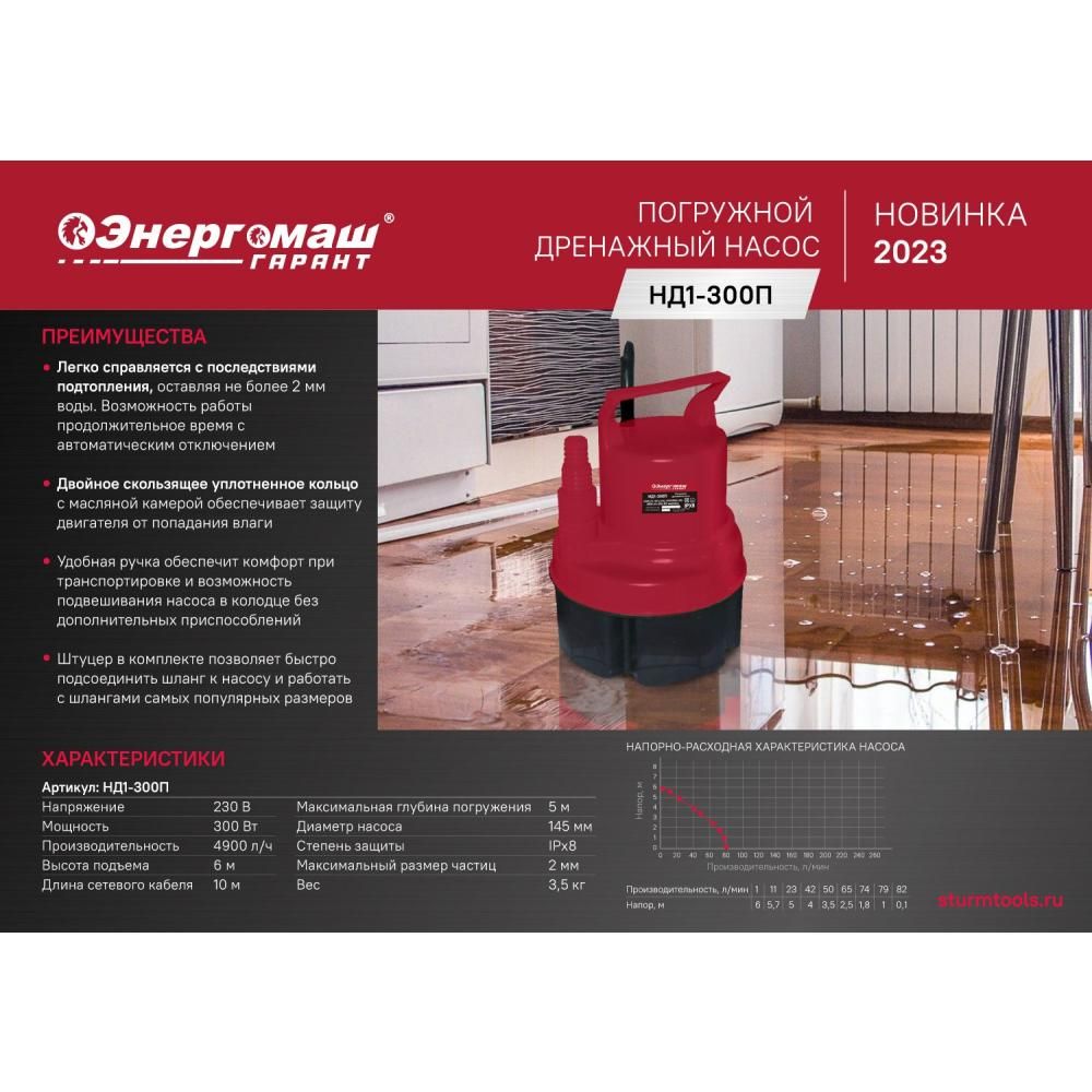 Насос погружной дренажный Энергомаш ГАРАНТ НД1-300П - изображение 2