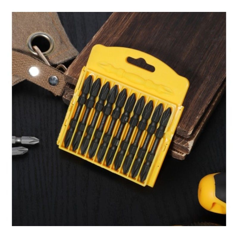 Набор двухсторонних торсионных бит для ударных шуруповертов 10 шт DELI DL252202 PH2х65мм, сталь S2 - изображение 5