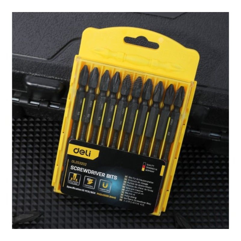 Набор двухсторонних торсионных бит для ударных шуруповертов 10 шт DELI DL253202 PH2х100мм, сталь S2 - изображение 4