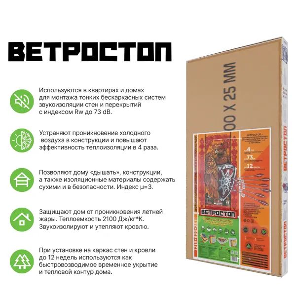 Шумоизоляционная плита СОЛНЦЕ Ветростоп 1219x600x25 мм 2.1 м2 - изображение 6