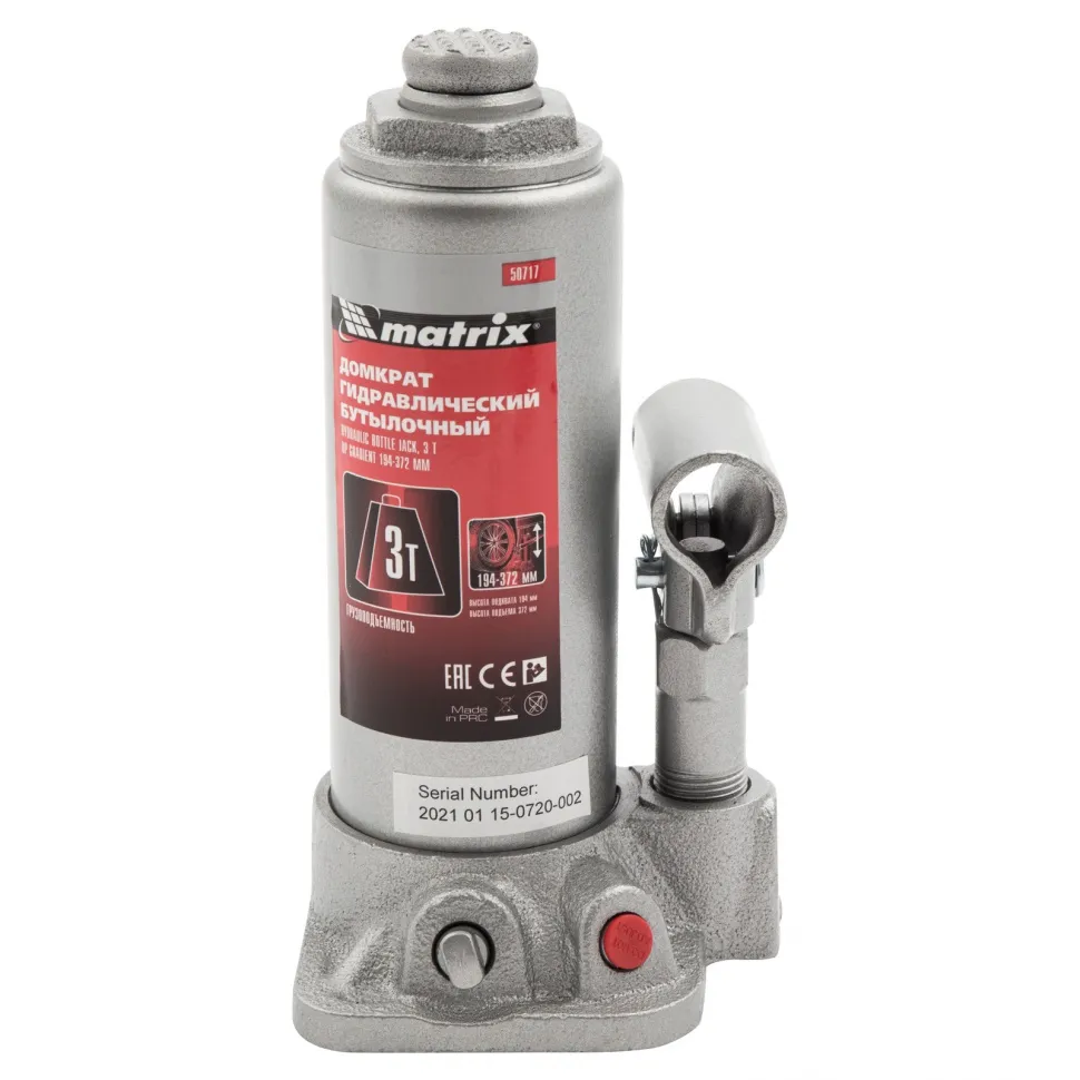 Домкрат гидравлический бутылочный, 3 т, высота подъема 194-372 мм Matrix - изображение 3