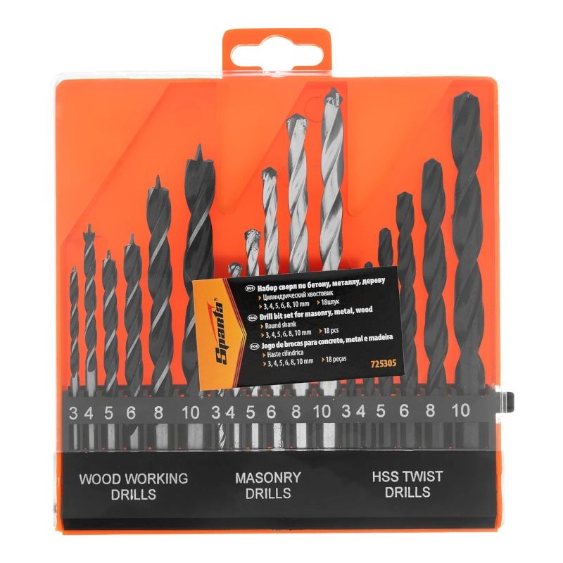 Набор сверл по бетону, металлу, дереву 3-4-5-6-8-10 мм, 18 шт, пластиковый бокс, цилиндрический хвостовик - изображение 2