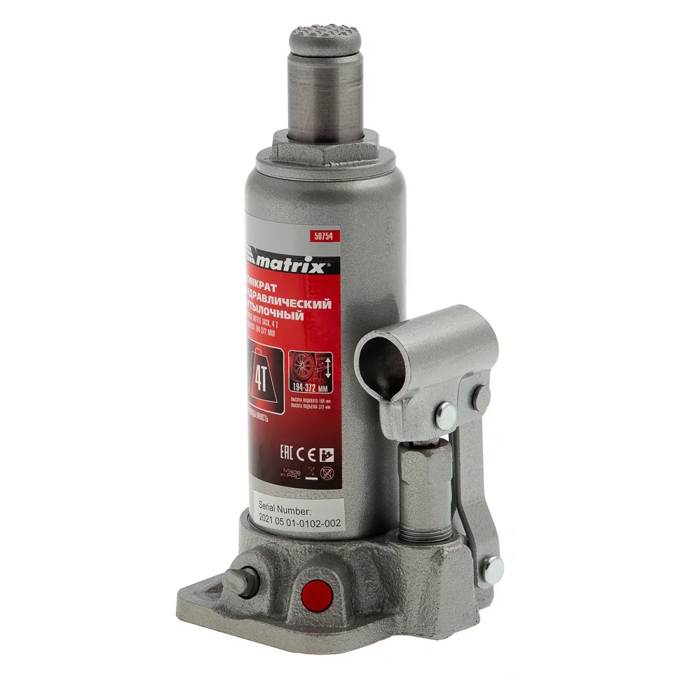 Домкрат гидравлический бутылочный, 4 т, высота подъема 194-372 мм, в пластиковый кейсе Matrix - изображение 2