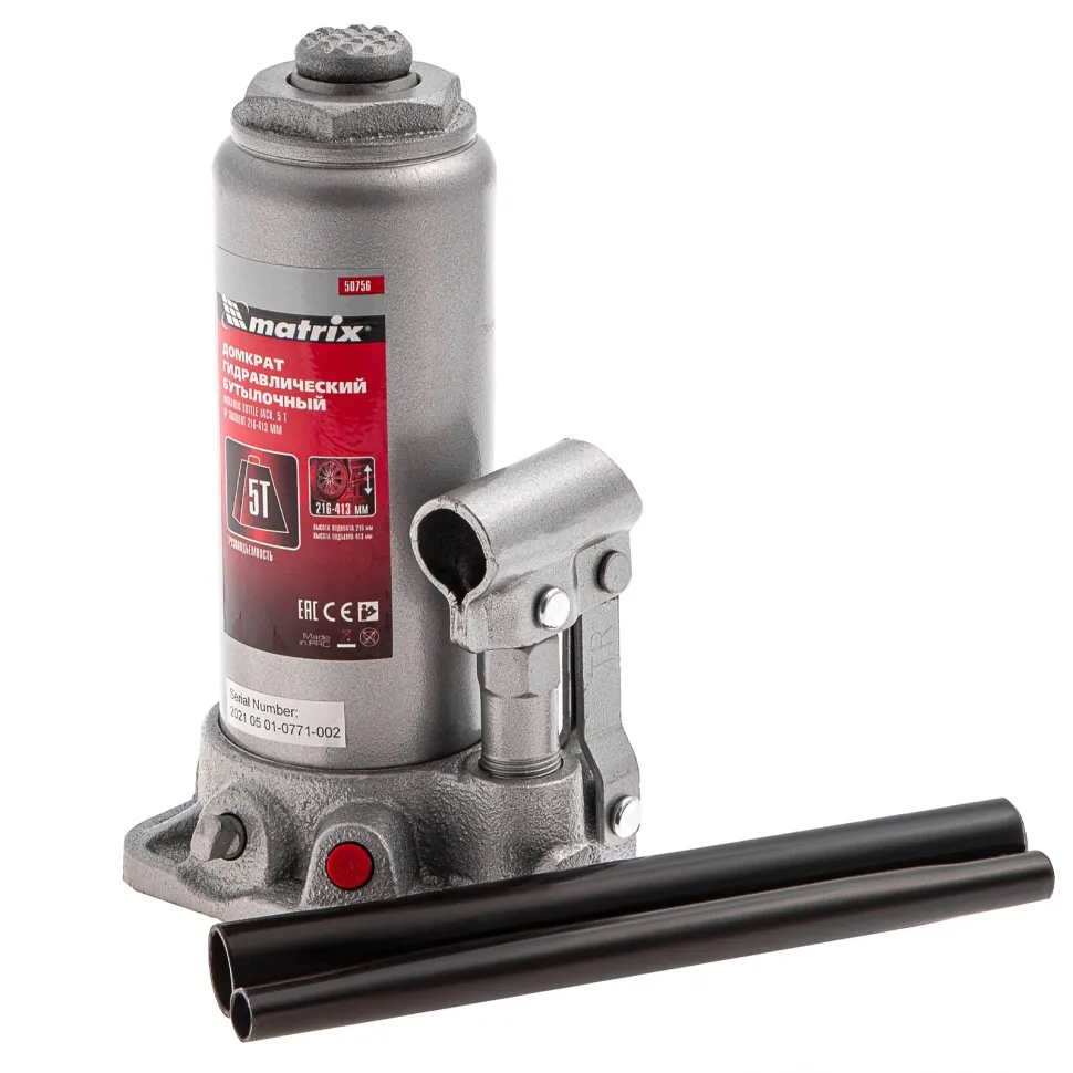 Домкрат гидравлический бутылочный, 5 т, высота подъема 216-413 мм, в пластиковый кейсе Matrix - изображение 2