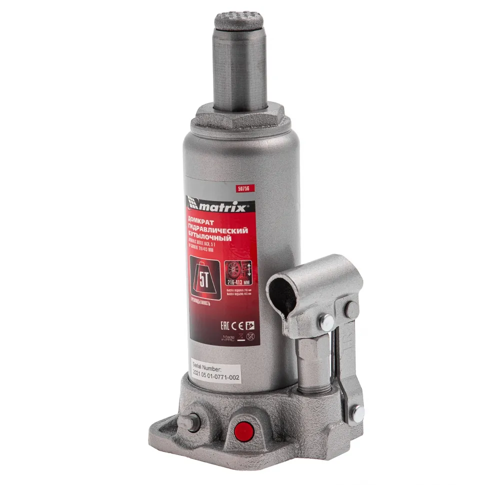 Домкрат гидравлический бутылочный, 5 т, высота подъема 216-413 мм, в пластиковый кейсе Matrix - изображение 4