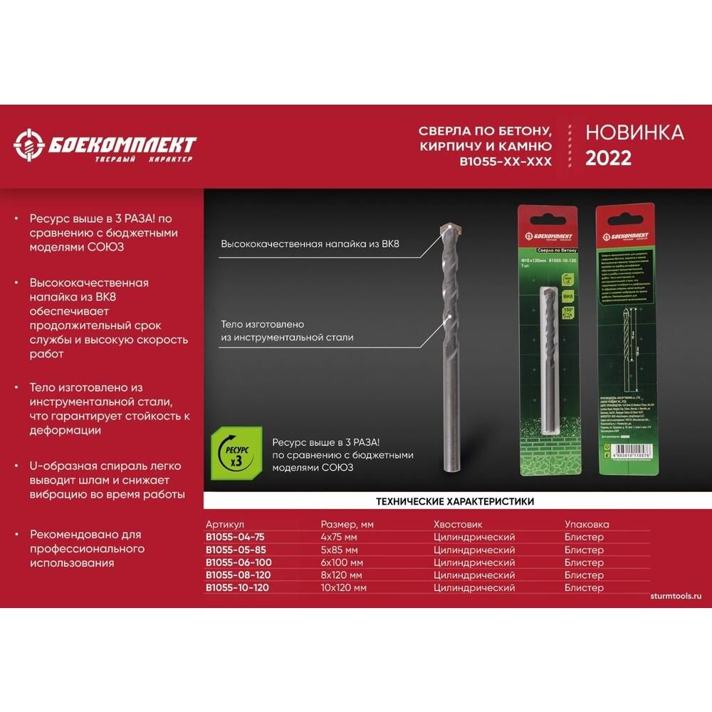 Сверло по бетону, 6x100мм, плоский резец ВК8, цилиндрический хвостовик, БОЕКОМПЛЕКТ - изображение 5