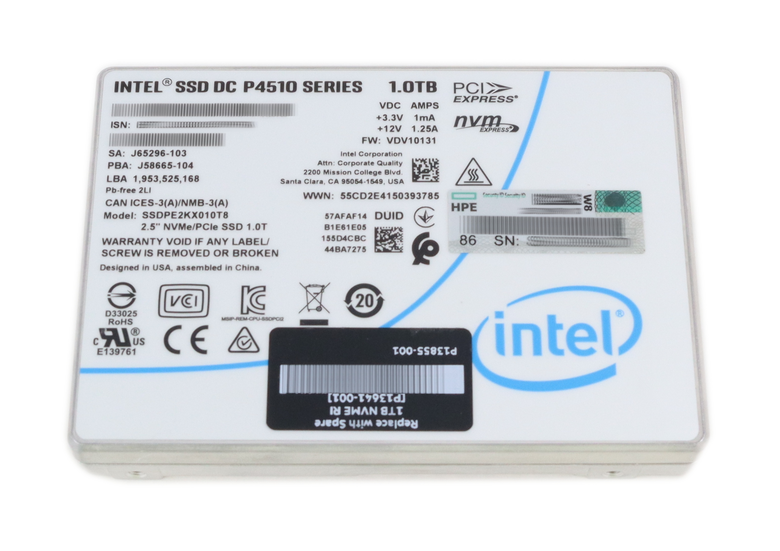 Intel 1TB P4510 Series DC NVMe U.2 2.5" SSD SSDPE2KX010T8