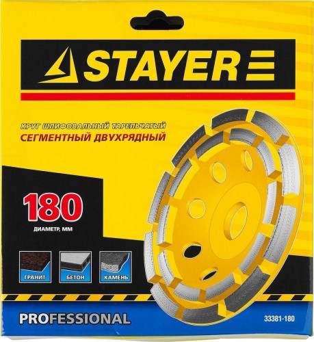Алмазная чашка  STAYER PROFESSIONAL сегментная двухрядная, высота 22,2мм, 180мм 33381-180 - изображение 5