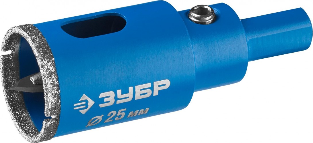 Алмазная коронка для мокрого сверления ЗУБР ПРОФЕССИОНАЛ по кафелю и стеклу, d=25 мм, зерно р 60, в сборе с 29850-25