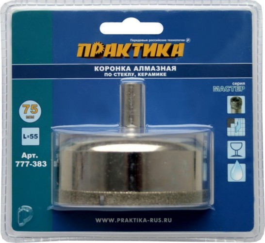 Алмазная коронка для мокрого сверления ПРАКТИКА "Мастер" 75 мм по стеклу и керамике 777-383