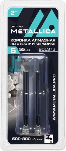 Алмазная коронка для мокрого сверления METALLICA Optima 6x55 мм #80 по стеклу, плитке, 2 шт 901373