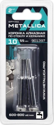 Алмазная коронка для мокрого сверления METALLICA Optima 10x55 мм #80 по стеклу, плитке, 2 шт 901397
