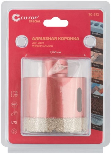 Алмазная коронка для сухого сверления Cutop Special 68х15хМ14х60 мм для УШМ, универсальная 70-512 - изображение 4