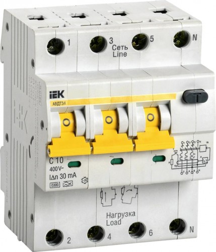 Автоматический выключатель дифференциального тока IEK АВДТ-34 4п (3p+n) c 10А MAD22-6-010-C-30