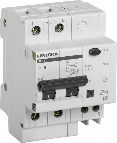 Автоматический выключатель дифференциального тока IEK GENERICA АД12 2п 16А 30Ма MAD15-2-016-C-030