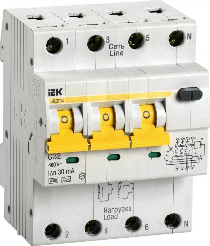 Автоматический выключатель дифференциального тока IEK АВДТ-34 4п (3p+n) c 32А MAD22-6-032-C-30