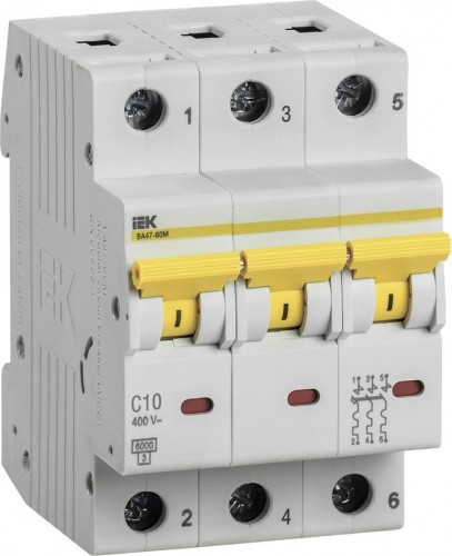 Автоматический выключатель IEK ВА47-60M модульный 3п c 10А 6кА MVA31-3-010-C