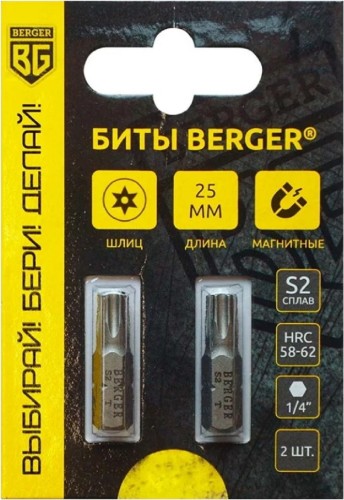 Бита для заворачивания BERGER BG2391 TORX T20Hx25мм c отверстием 2 шт., S2 - изображение 2