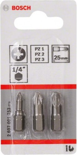 Бита для заворачивания BOSCH Extra Hard 25 мм PZ/1/2/3 3шт 2607001753 - изображение 2
