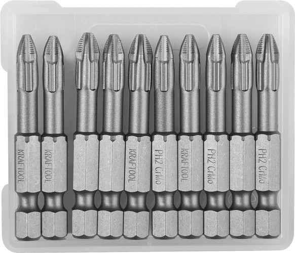 Бита для заворачивания KRAFTOOL X-DRIVE PH2 торсионные кованые, обточенные, 50мм, 10шт. 26121-2-50-10