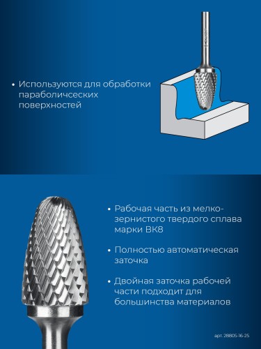Бор-фреза по металлу  ЗУБР 28805-16-25 16х25 мм, тип f, твердосплавная - изображение 3