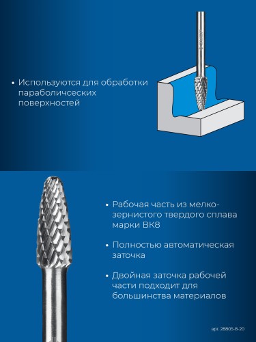 Бор-фреза по металлу ЗУБР 28805-8-20 тип F 8х20 мм, твердосплавная  28805-8-20 - изображение 3