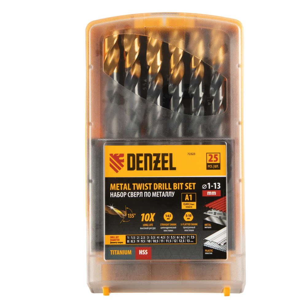 Набор сверл по металлу Denzel 1-13 мм, HSS-Tin, Golden Tip, 25 шт - изображение 7