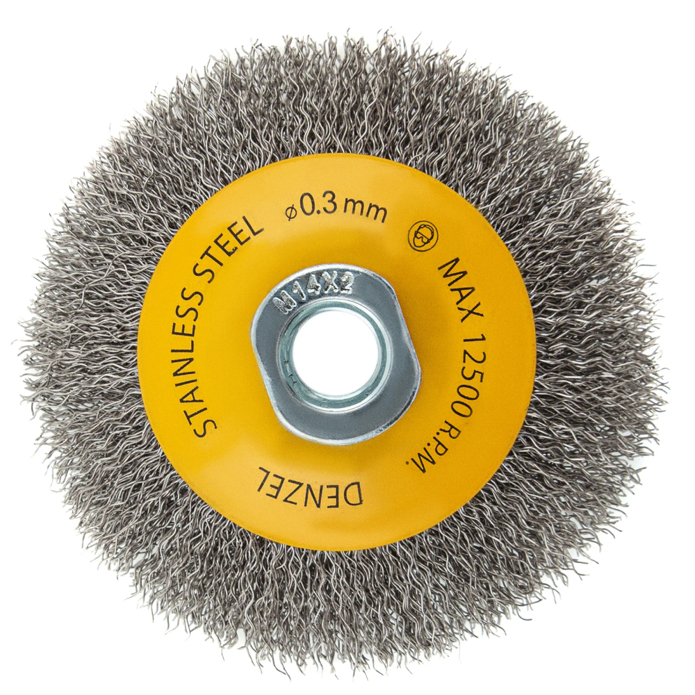 Щетка для УШМ Denzel 100 мм Тарелка, витая нержавеющая проволока 0.3 мм, М14 Denzel - изображение 2