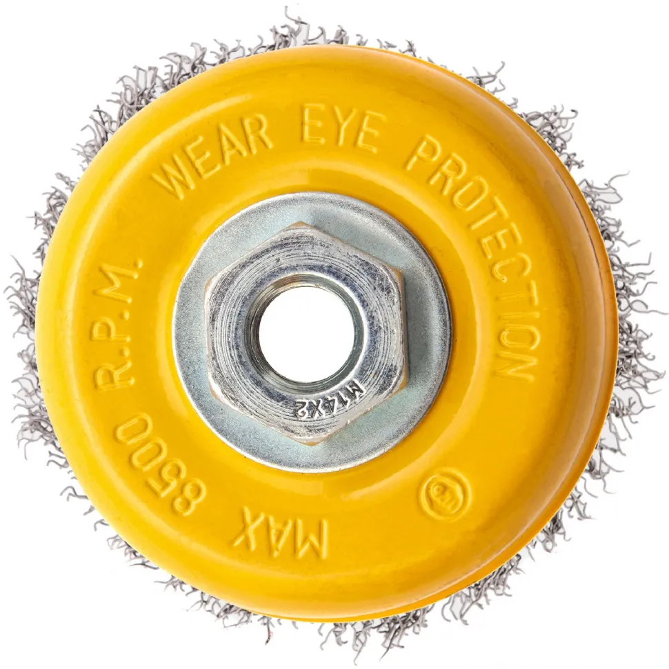 Щетка для УШМ Denzel 100 мм, Чашка, витая нержавеющая проволока 0.3 мм, М14 - изображение 5