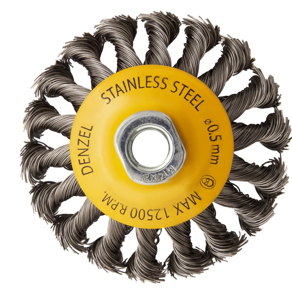 Щетка для УШМ Denzel 100 мм, Тарелка, крученая нержавеющая проволока 0.5 мм, М14