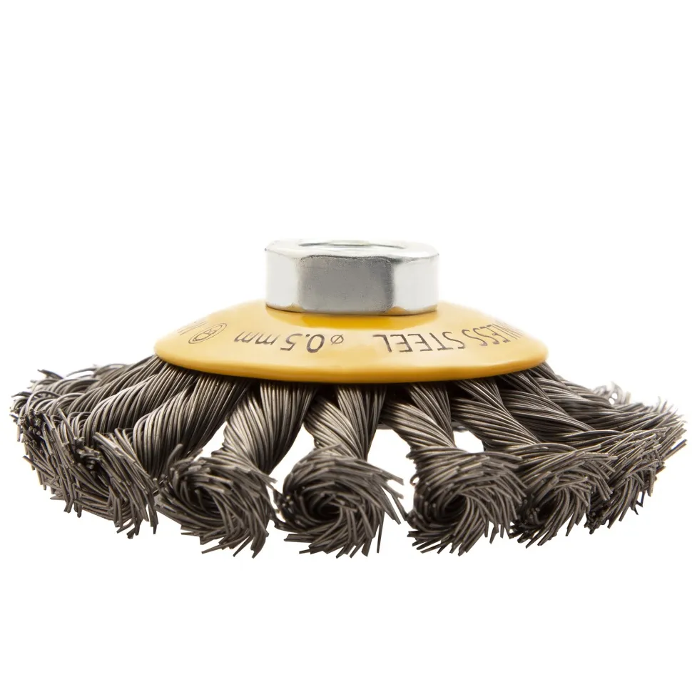 Щетка для УШМ Denzel 100 мм, Тарелка, крученая нержавеющая проволока 0.5 мм, М14 - изображение 5