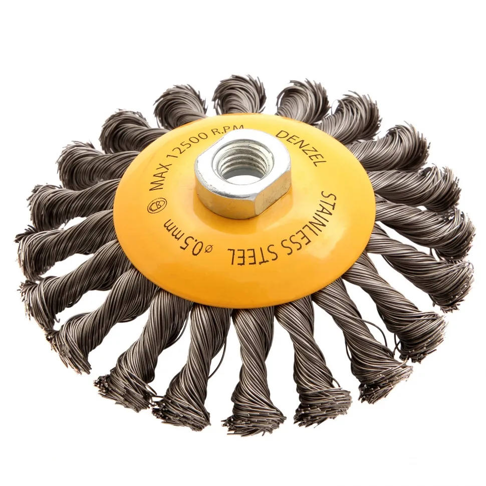 Щетка для УШМ Denzel 125 мм, Тарелка, крученая нержавеющая проволока 0.5 мм, М14