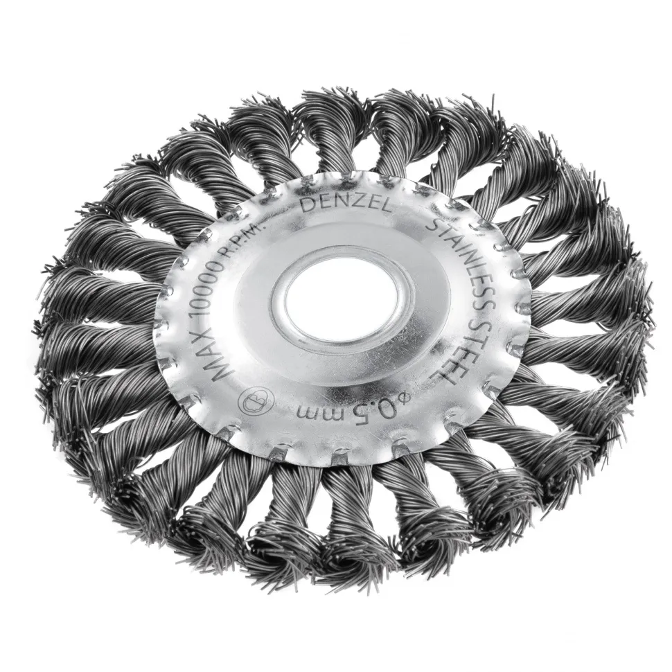 Щетка для УШМ Denzel 125 мм Плоская, крученая нержавеющая проволока 0.5 мм, посадка 22.2 мм