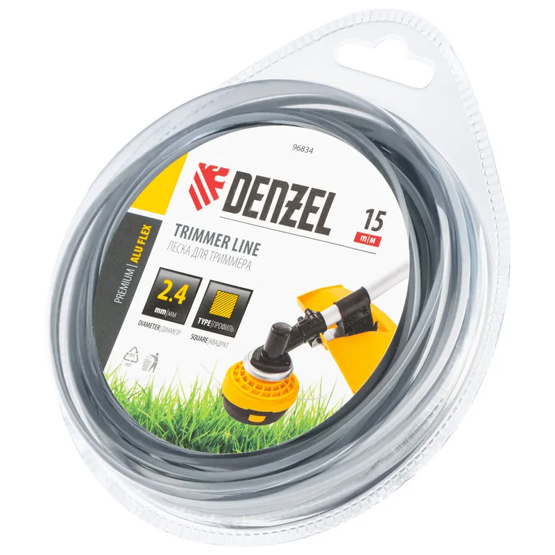 Леска для триммера Denzel армированная алюминием квадратная, 2,4ммх15м, блистер ALUFLEX