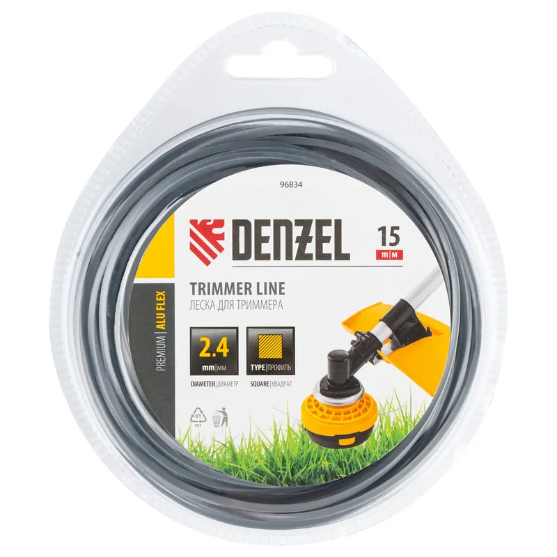 Леска для триммера Denzel армированная алюминием квадратная, 2,4ммх15м, блистер ALUFLEX - изображение 2