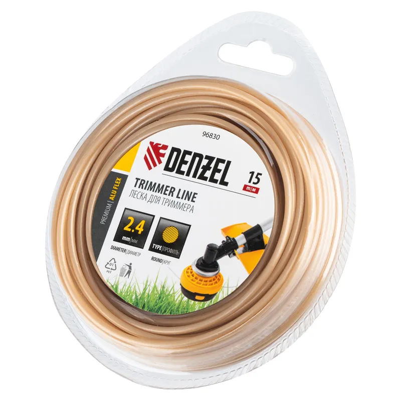 Леска для триммера Denzel армированная алюминием круглая, 2,4ммх15м, блистер ALUFLEX