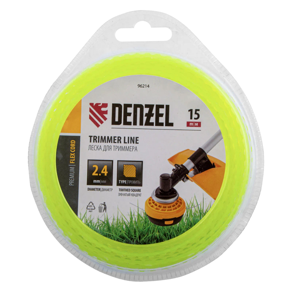 Леска для триммера Denzel зубчатый квадрат, 2,4ммх15м, FLEX CORD,