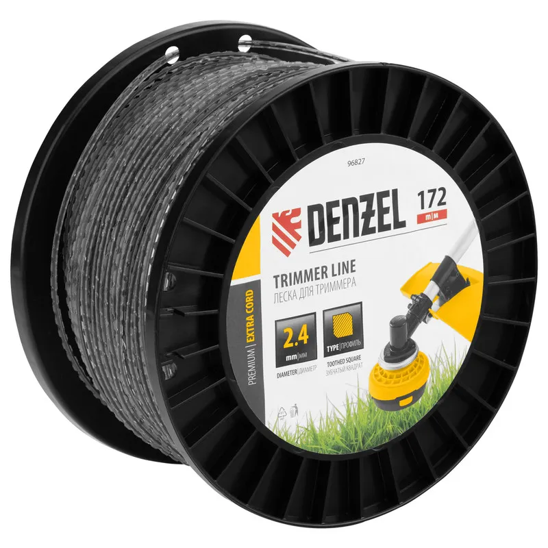 Леска для триммера Denzel двухкомпонентная зубчатый квадрат, 2,4ммх172м, на DIN кат. EXTRA CORD