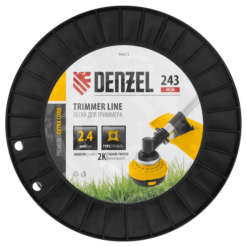 Леска для триммера Denzel двухкомпонентная витой квадрат, 2,4ммх243м, на DIN катушке EXTRA CORD - изображение 3