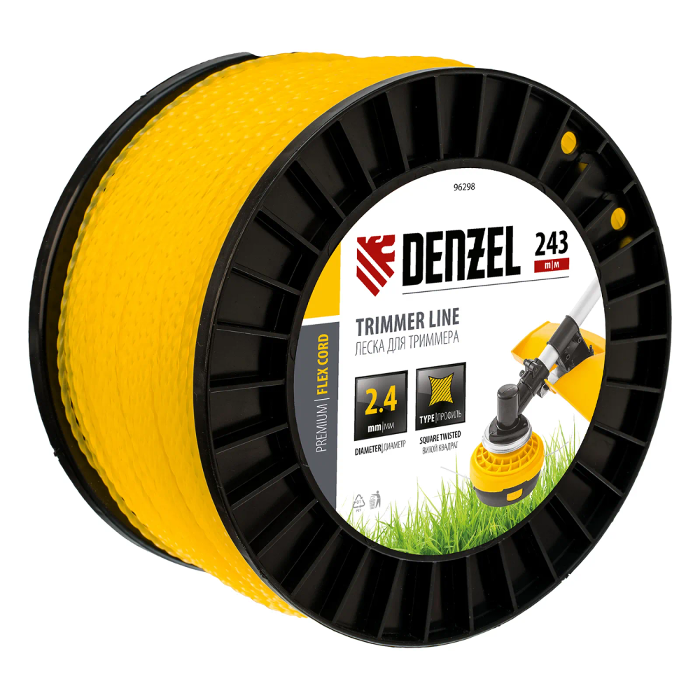 Леска для триммера Denzel витой квадрат, 2,4ммх243м, на DIN катушке FLEX CORD