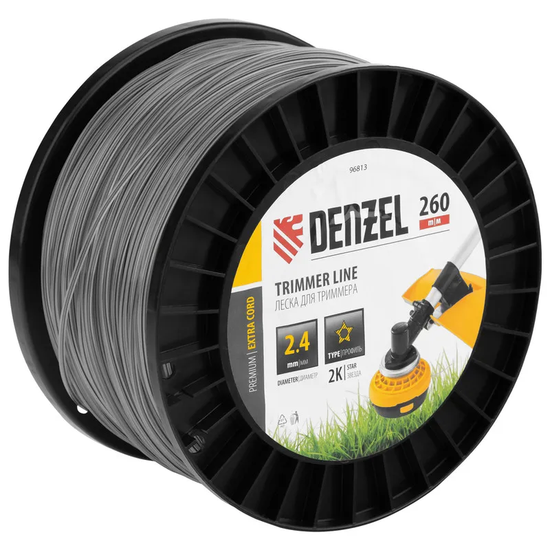 Леска для триммера Denzel двухкомпонентная звезда, 2,4ммх260м, на DIN катушке EXTRA CORD