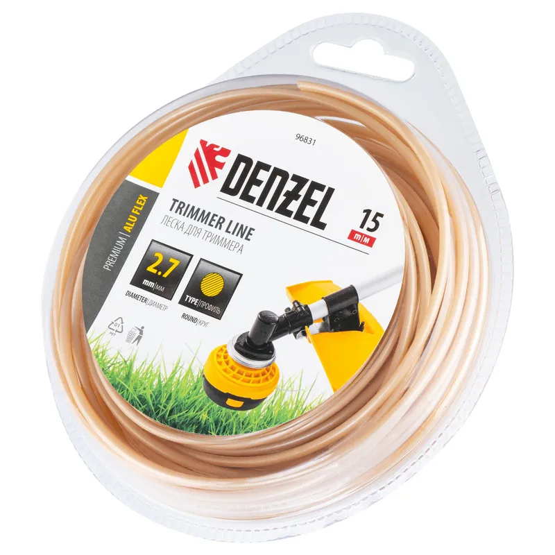 Леска для триммера Denzel армированная алюминием круглая, 2,7ммх15м, блистер ALUFLEX