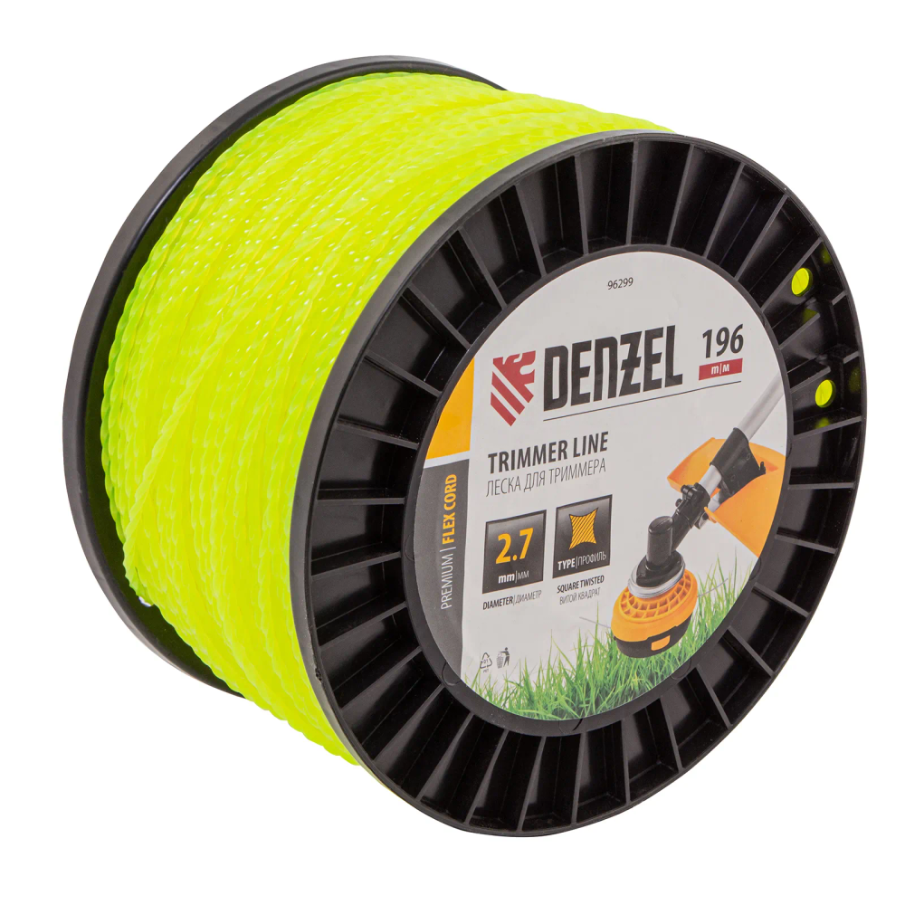 Леска для триммера Denzel витой квадрат, 2,7ммх196м, на DIN катушке FLEX CORD